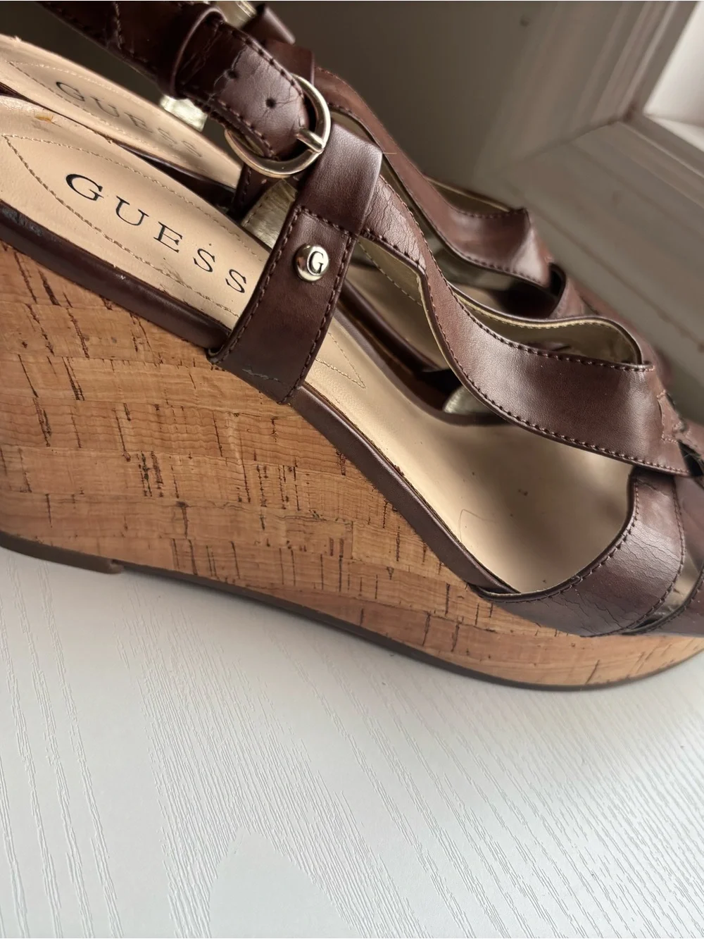 GUESS Brown Leather Woven T-Strap Sandals